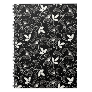 White Abstract Floral on Black Background Notebook