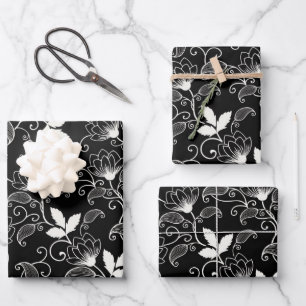 White Abstract Floral on Black Wrapping Paper Sheet