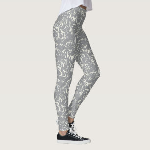 White Abstract On Grey Leggings