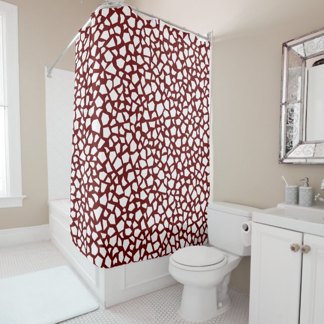 White Abstract Sharp Shards on Maroon Shower Curtain (In Situ)