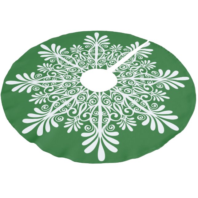 White Abstract Snowflake Over Green Backround Brushed Polyester Tree Skirt (Angled)