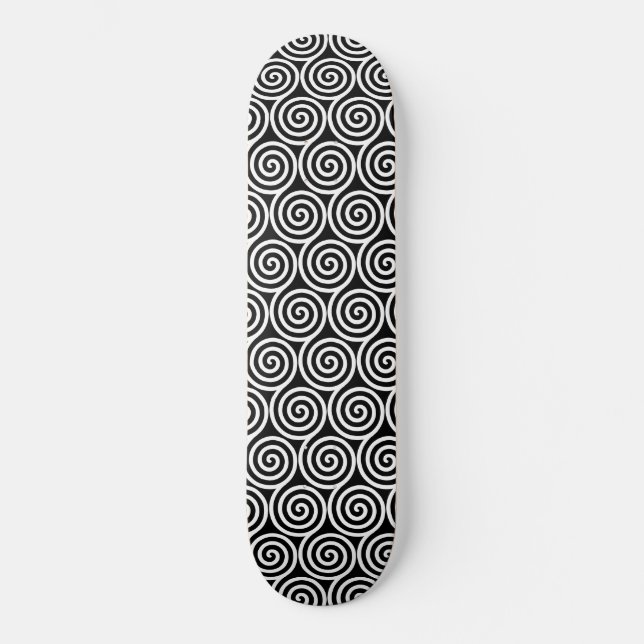 White Abstract Spiral Circles on Black Skateboard (Front)