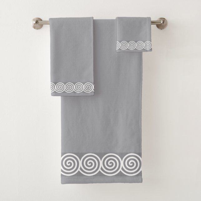White Abstract Spiral Circles on Quick Silver Grey Bath Towel Set (Insitu)