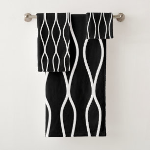 White Abstract Wavy Geometric Pattern on Black Bath Towel Set