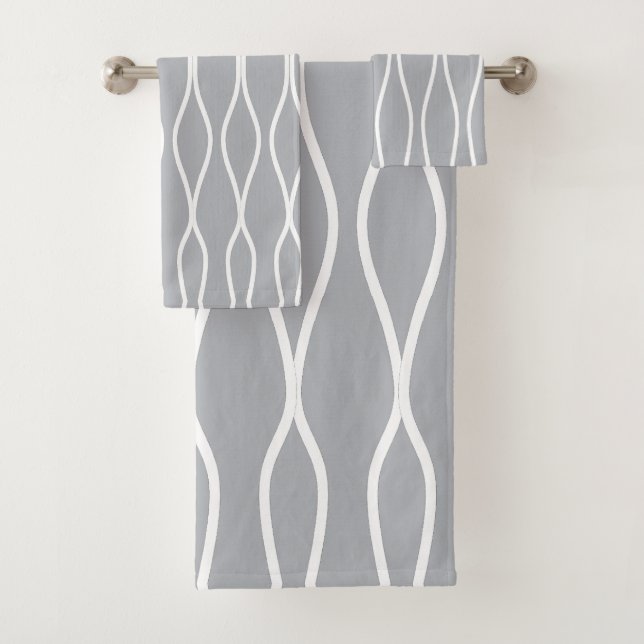 White Abstract Wavy Geometric Pattern on Grey Bath Towel Set (Insitu)