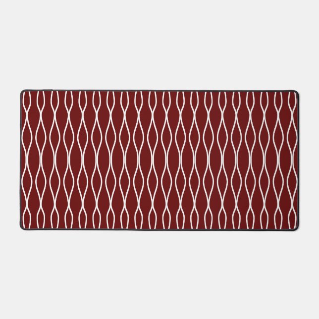 White Abstract Wavy Geometric Pattern on Maroon Desk Mat (Front)