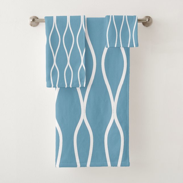 White Abstract Wavy Geometric Pattern on Teal Bath Towel Set (Insitu)