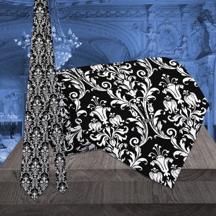 White Acanthus Leaf Floral Damask On Black Wedding Tie