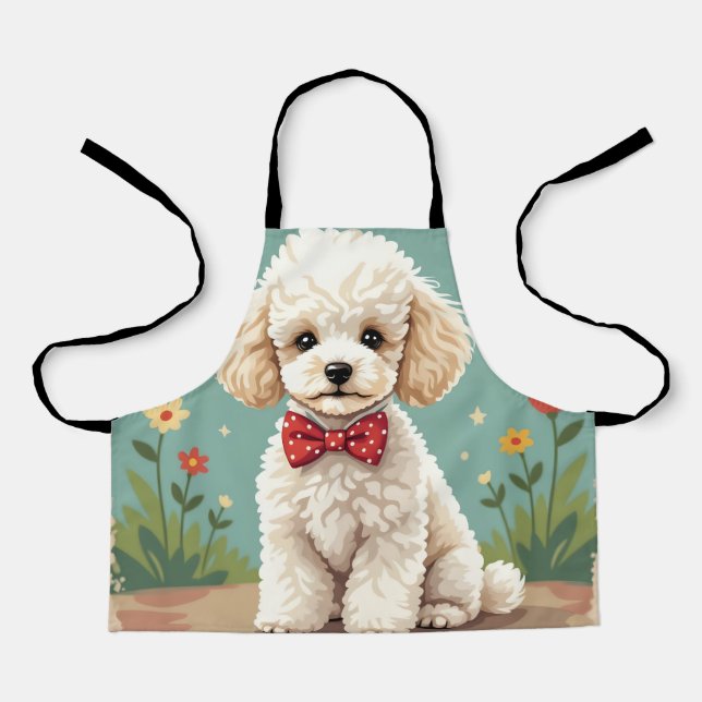 White adorable poodle with bow tie apron (Front)