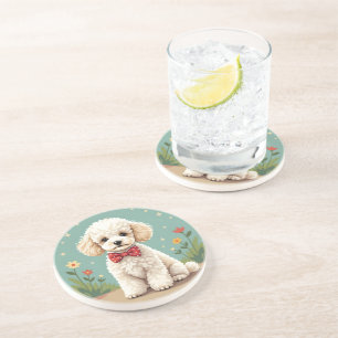 White adorable poodle with bow tie coaster