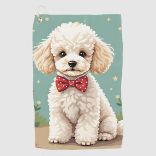 White adorable poodle with bow tie golf towel