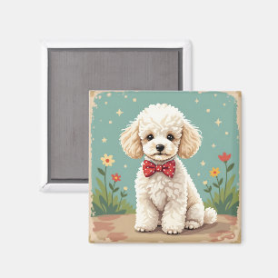 White adorable poodle with bow tie magnet