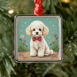 White adorable poodle with bow tie metal ornament