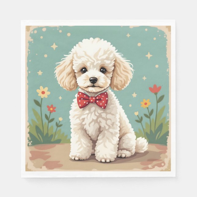 White adorable poodle with bow tie napkin (Front)