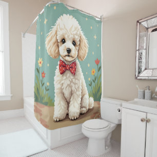 White adorable poodle with bow tie shower curtain
