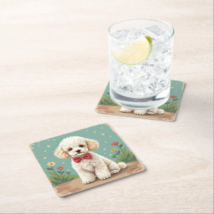 White adorable poodle with bow tie square paper coaster