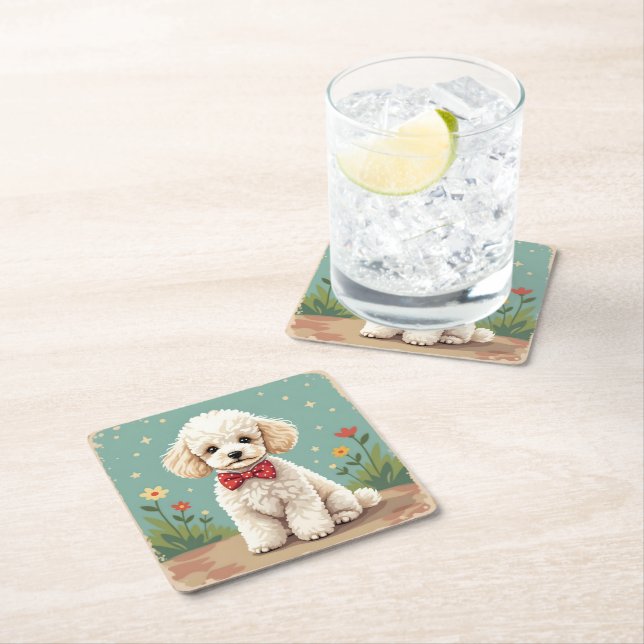 White adorable poodle with bow tie square paper coaster (Insitu)