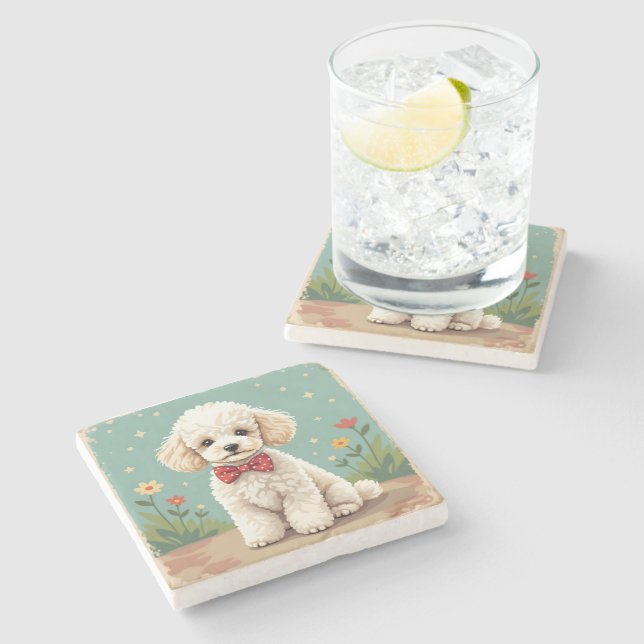 White adorable poodle with bow tie stone coaster (Side)