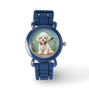 White adorable poodle with bow tie watch
