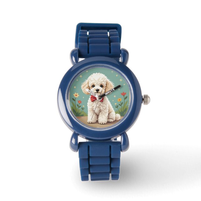 White adorable poodle with bow tie watch (Front)