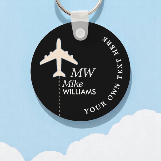White Aeroplane on black keychain with name (Creator Uploaded)