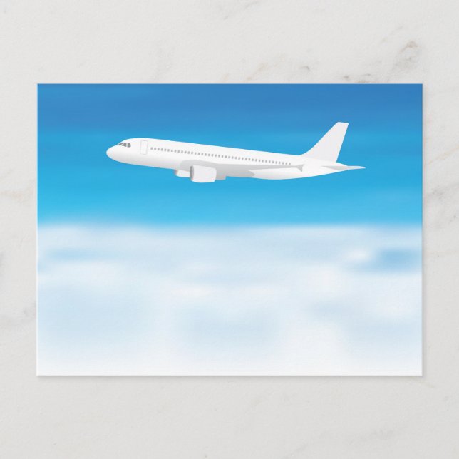White aeroplane on blue sky cloud background postcard (Front)