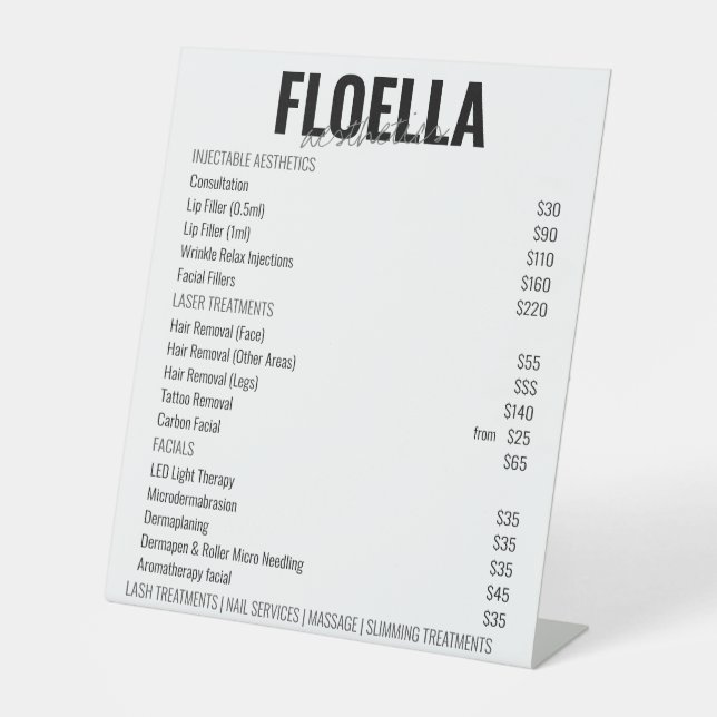 White Aesthetics Salon Services Price List Pedestal Sign (Front)
