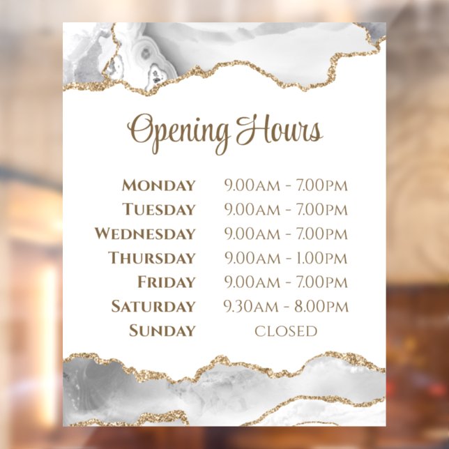 White Agate Opening Hours Window Cling (Sheet 2)