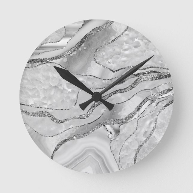 White Agate Silver Glitter Glam #1 (Faux Glitter)  Round Clock (Front)