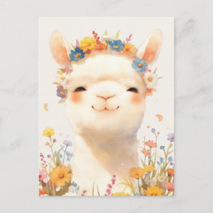 White Alpaca with Colourful Wildflower Crown Postcard