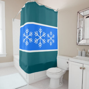 White Alpine Snowflakes Bright Blue Teal Stripes Shower Curtain