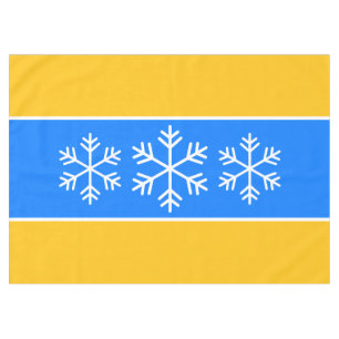 White Alpine Snowflakes Bright Blue Yellow Stripes Tablecloth