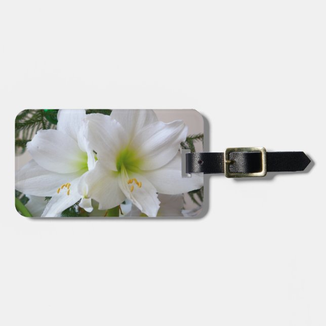 White Amaryllis and Christmas Tree Luggage Tag (Front Horizontal)
