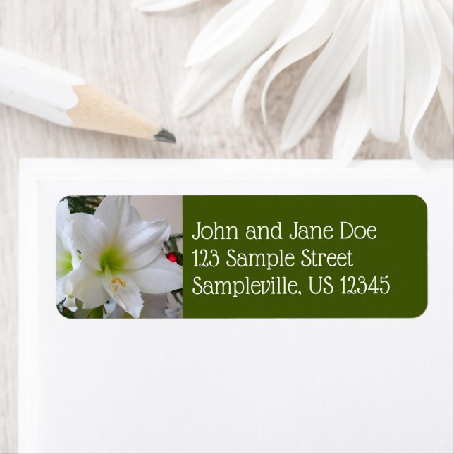White Amaryllis and Christmas Tree Return Address Label (Insitu)