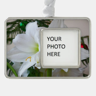 White Amaryllis and Christmas Tree Silver Plated Framed Ornament