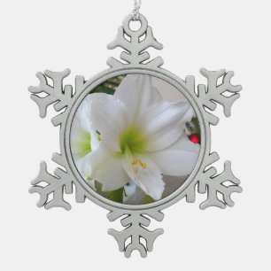White Amaryllis and Christmas Tree Snowflake Pewter Christmas Ornament