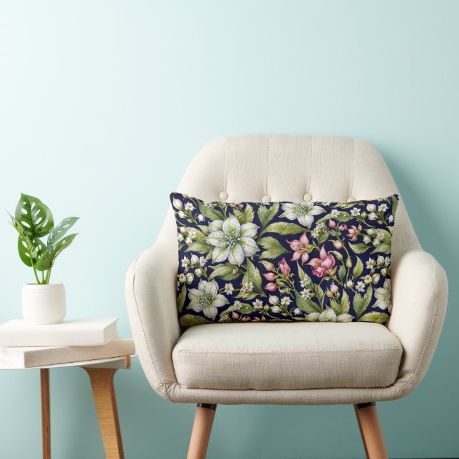 White Amaryllis and Pinks on Navy Lumbar Cushion (Chair)