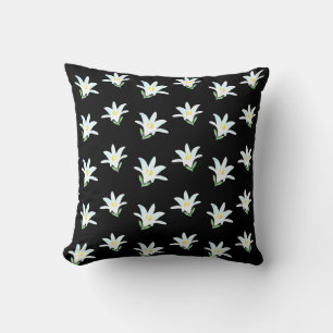 White Amaryllis Flowers on Black Throw Pillow