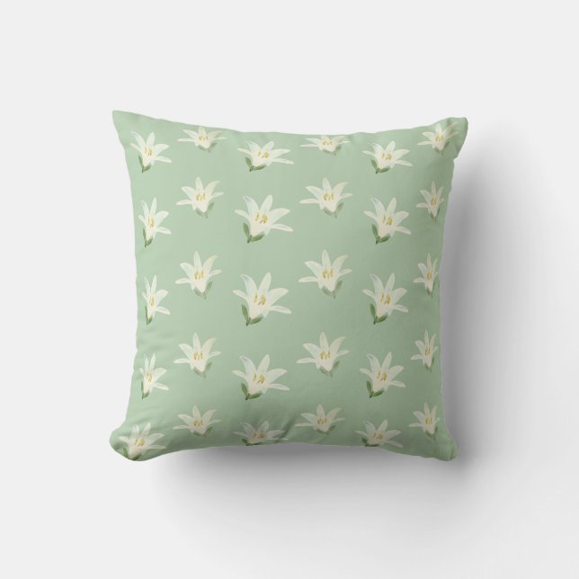 White Amaryllis Flowers on Light Green Cushion (Front)
