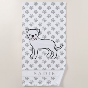 White American Bulldog Cute Dog & Name Beach Towel