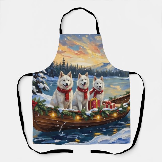 White American Eskimo Dog Christmas Boat Holiday Apron (Front)