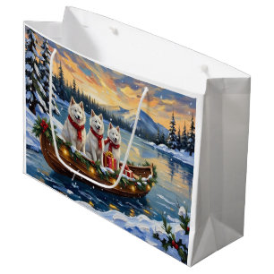 White American Eskimo Dog Christmas Boat Holiday Large Gift Bag