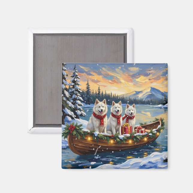 White American Eskimo Dog Christmas Boat Holiday Magnet (Front/Back)