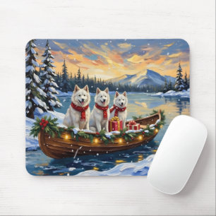 White American Eskimo Dog Christmas Boat Holiday Mouse Pad