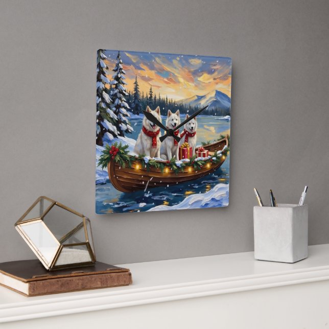 White American Eskimo Dog Christmas Boat Holiday Square Wall Clock (Office)