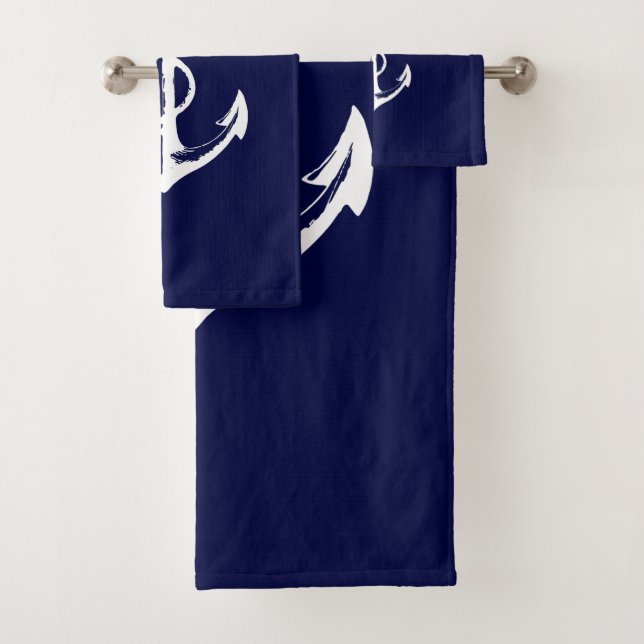 White Anchor and Navy Blue Background Bath Towel Set (Insitu)