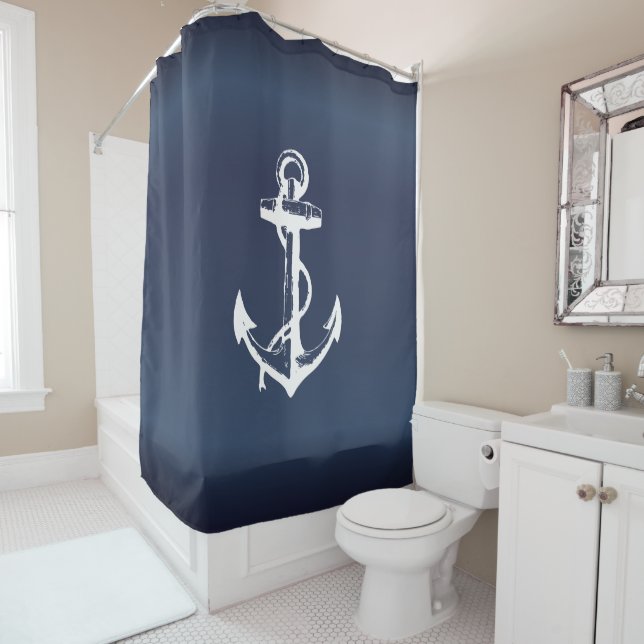 White Anchor and Navy Blue Background Shower Curtain (In Situ)