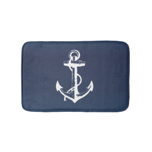 White Anchor and Navy Blue Bath Mat
