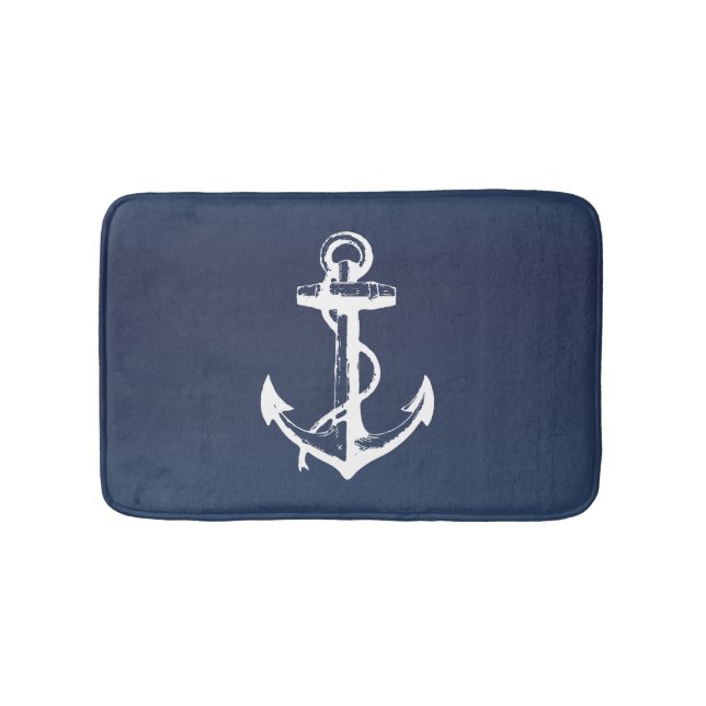 White Anchor and Navy Blue Bath Mat (Front)