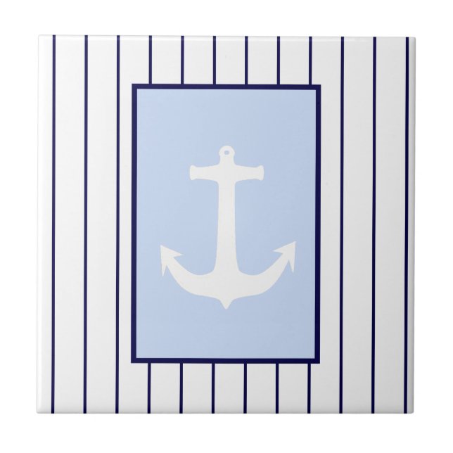 White Anchor Captain Blue Stripes Sea Ocean Ceramic Tile (Front)